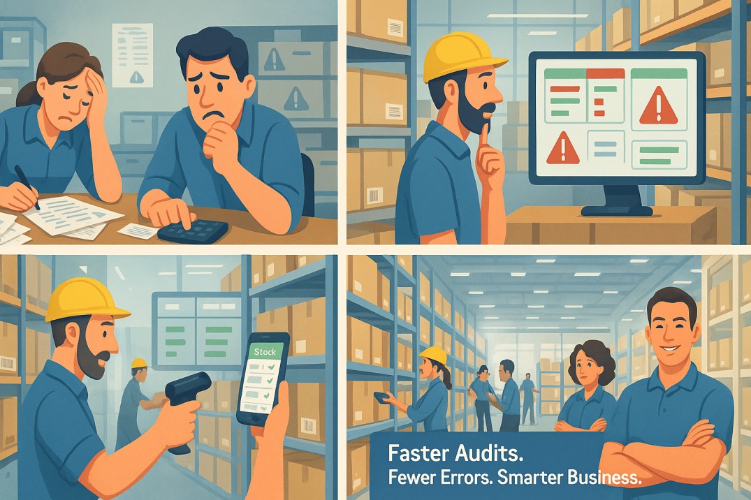A four-panel illustrated scene showing the transformation of inventory audits from manual and stressful to digital and efficient. Top left panel: Two stressed employees sit at a desk with scattered papers and a calculator. Top right panel: A warehouse worker looks concerned in front of a computer screen displaying error alerts. Bottom left panel: The same worker now scans inventory with a barcode scanner while a mobile screen shows accurate stock data. Bottom right panel: A bright, organized warehouse with a confident team working efficiently, accompanied by text that reads, “Faster Audits. Fewer Errors. Smarter Business.”