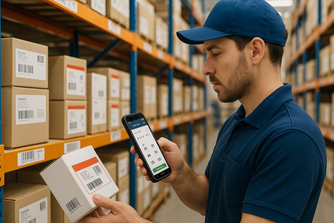 Warehouse worker using a mobile device to scan and verify inventory in real-time, helping reduce stock discrepancies with mobile inventory verification technology.