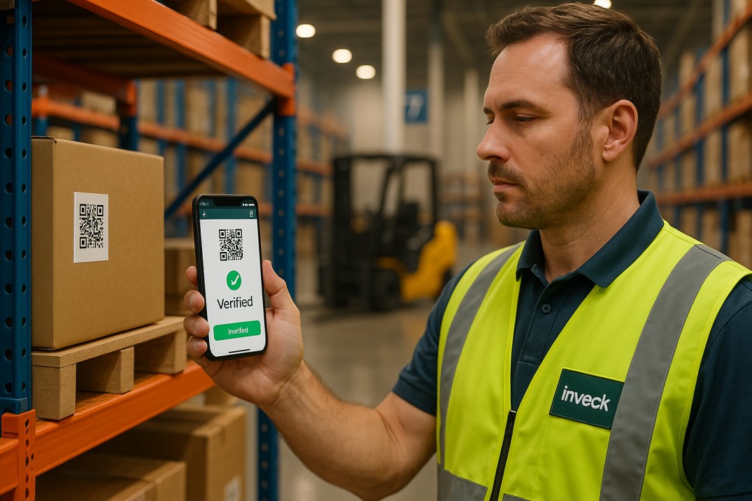Warehouse manager using Inveck mobile app for inventory verification, scanning a QR code on boxed goods—demonstrating efficient inventory management in a modern storage facility.