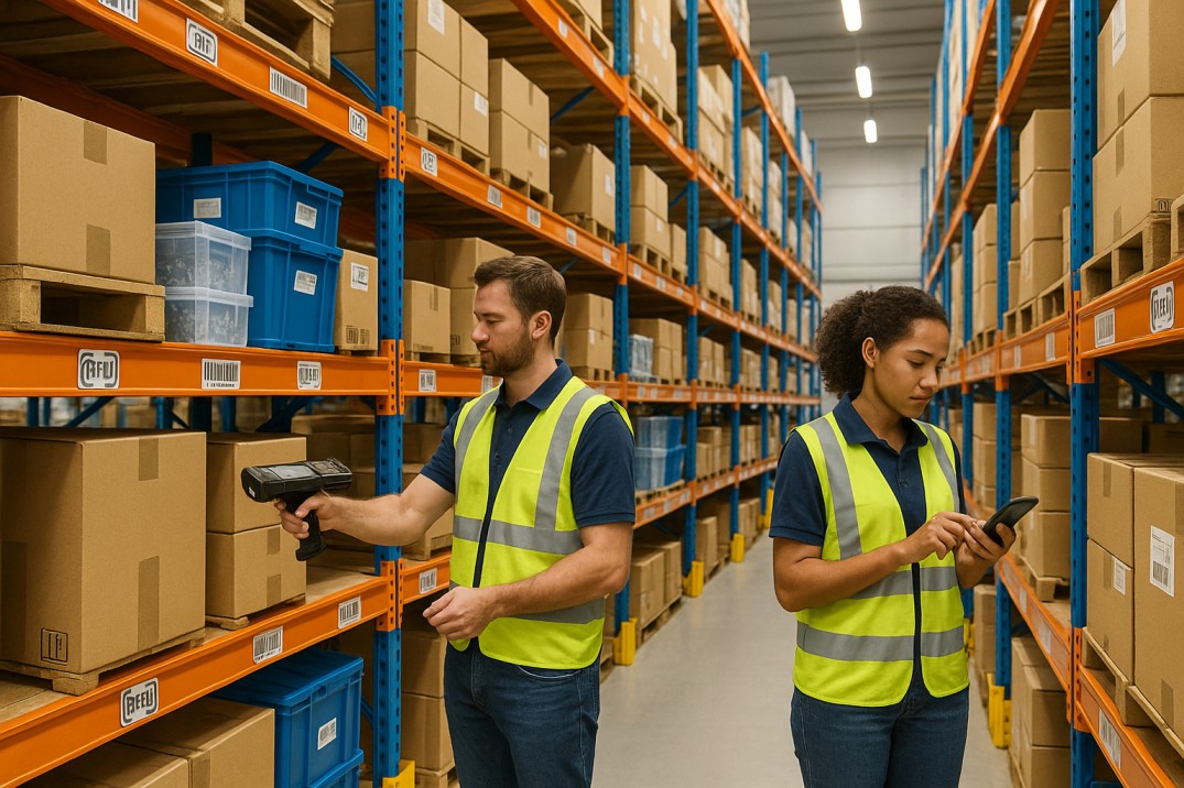 Warehouse workers conducting inventory counting, each wearing shirts with the "Inveck" logo, in a modern warehouse environment using barcode scanners and mobile devices. Boxes and shelving are visible, highlighting efficient, tech-enabled inventory management.