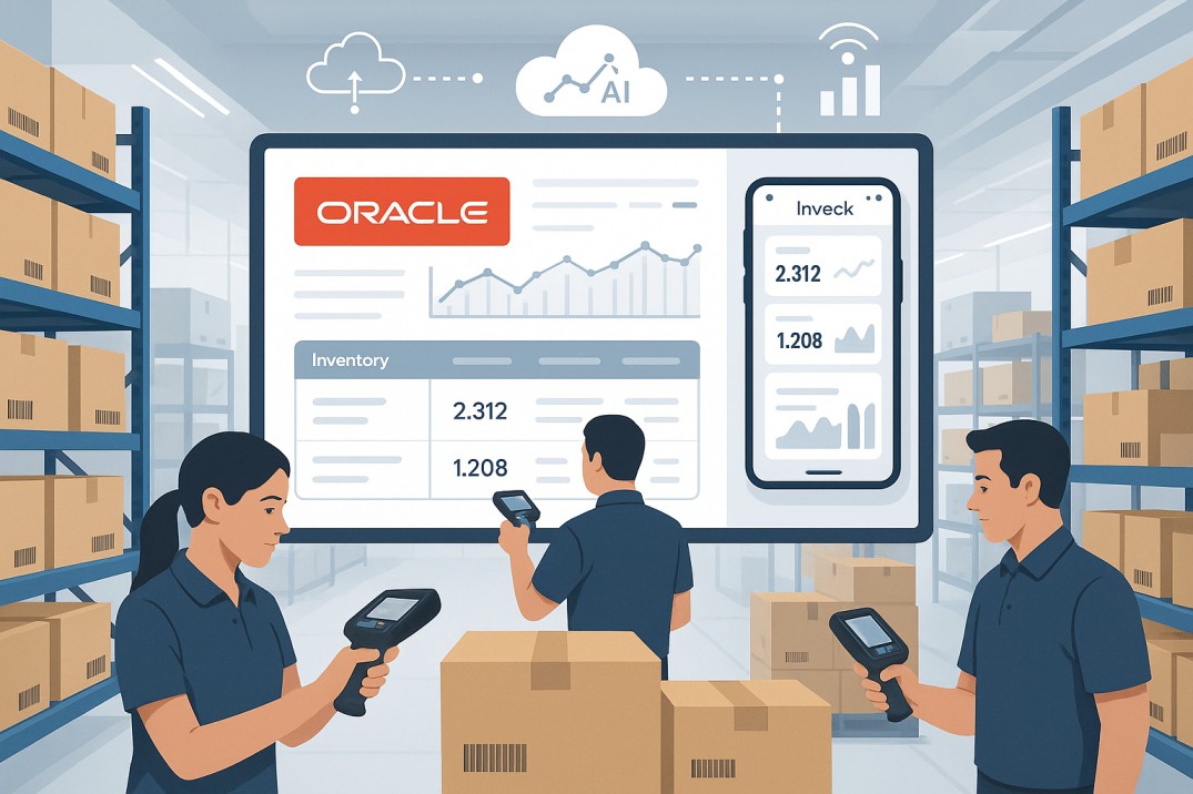 Warehouse staff using barcode scanners for inventory verification, with a large digital screen displaying Oracle Inventory Management dashboard and Inveck mobile interface, representing real-time data integration and automated stock tracking in a cloud-connected environment.