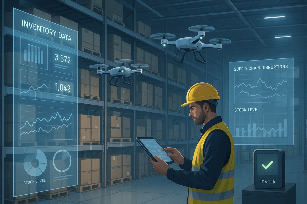 A futuristic warehouse scene showing a worker using a tablet to manage inventory, surrounded by drones scanning shelves and digital dashboards displaying inventory data, supply chain disruptions, and stock levels—highlighting 2025 inventory management problems and featuring Inveck for inventory verification.