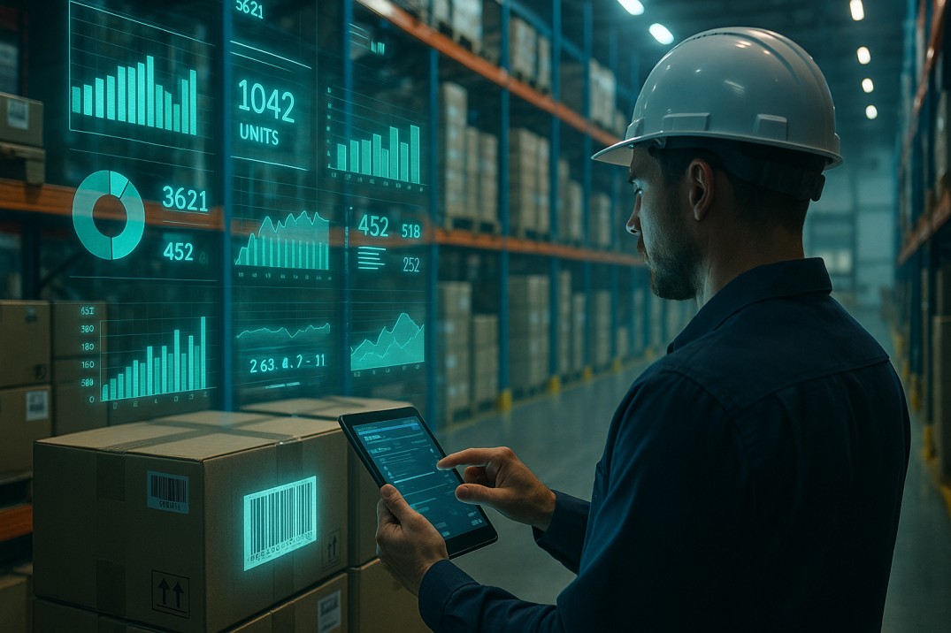 Warehouse worker using tablet with holographic analytics for digital inventory management and real-time stock tracking