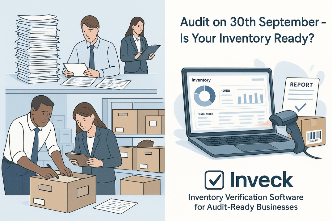 Illustration showing stressed employees doing manual stock counting with piles of papers, contrasted with a digital dashboard on a laptop for real-time inventory tracking, barcode scanning, and audit-ready reports. Promotes Inveck inventory verification software for audit-ready businesses.