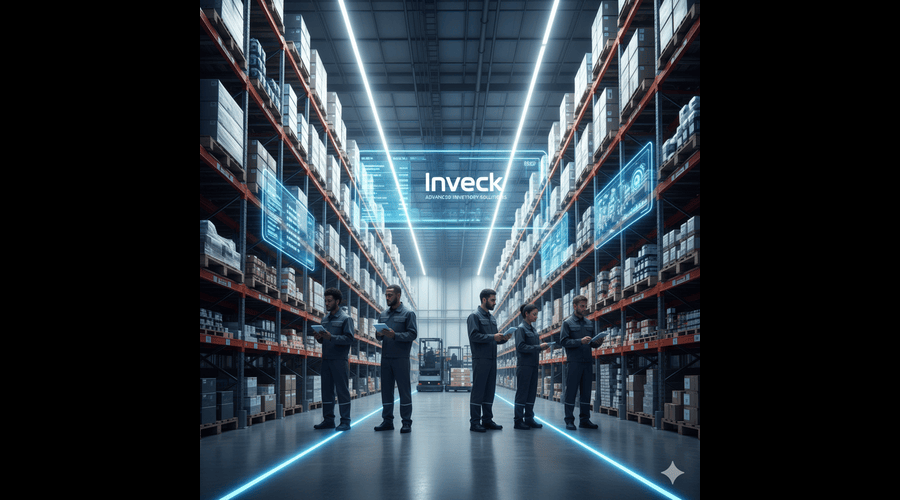 "Warehouse staff using Inveck inventory management system with digital tracking screens and organized shelves, showcasing advanced stock and inventory management solutions