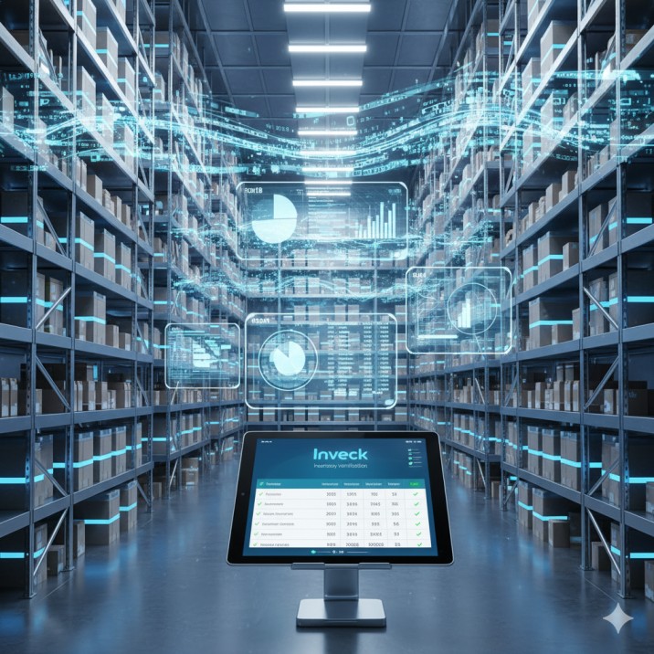 3D digital warehouse showcasing the best inventory verification software by Inveck, with holographic charts and a computer screen displaying real-time stock data.
