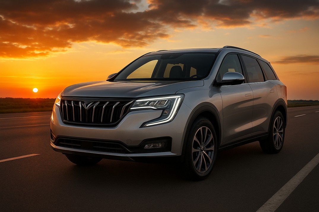 Ultra-realistic image of the Mahindra XUV700 Facelift parked on an open highway at sunset, featuring aggressive new grille design, sharp LED DRLs, premium alloy wheels, and futuristic SUV styling.