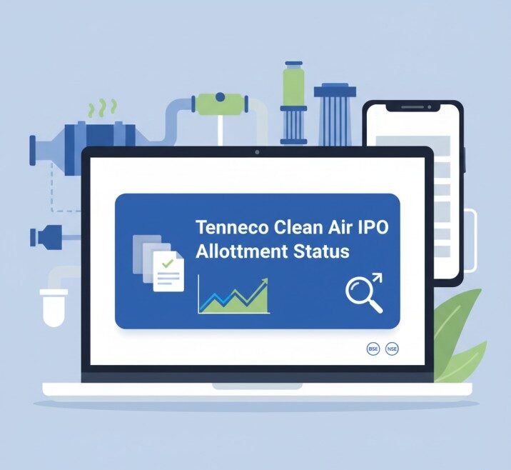 Flat-style illustration of a laptop and mobile screen displaying a digital stock market dashboard with 'Tenneco Clean Air IPO Allotment Status' text. Visual elements include rising graphs, IPO documents, a magnifying glass for status checking, and small BSE/NSE icons. The background subtly features automotive emission components and clean-air technology. The image uses professional blue, white, and green colors, conveying an informative, tech-driven, and trustworthy mood.
