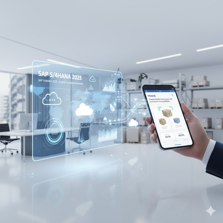 A futuristic office scene showing SAP S/4HANA 2025 digital dashboard connected to a mobile device running Inveck’s cloud-based inventory verification system, symbolizing smart business operations and advanced data integration.