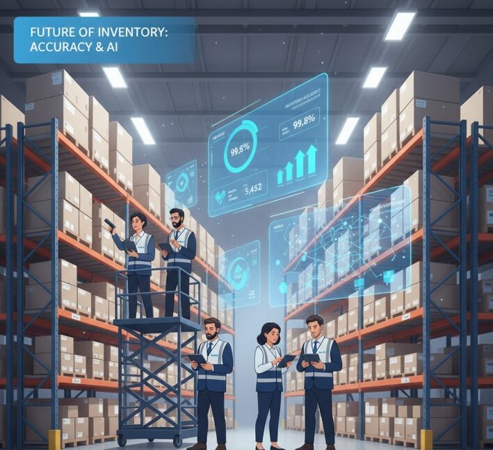 Enterprise warehouse team conducting a physical inventory count using tablets and barcode scanners, surrounded by digital dashboards and AI-driven analytics, representing cloud-based inventory verification and accuracy with modern technology.