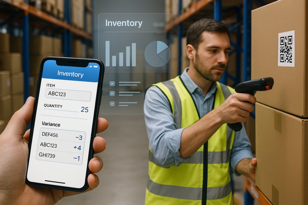 Warehouse team using a digital stock take app to scan items and reduce manual errors, ensuring accurate Inventory verification during a modern stock audit.