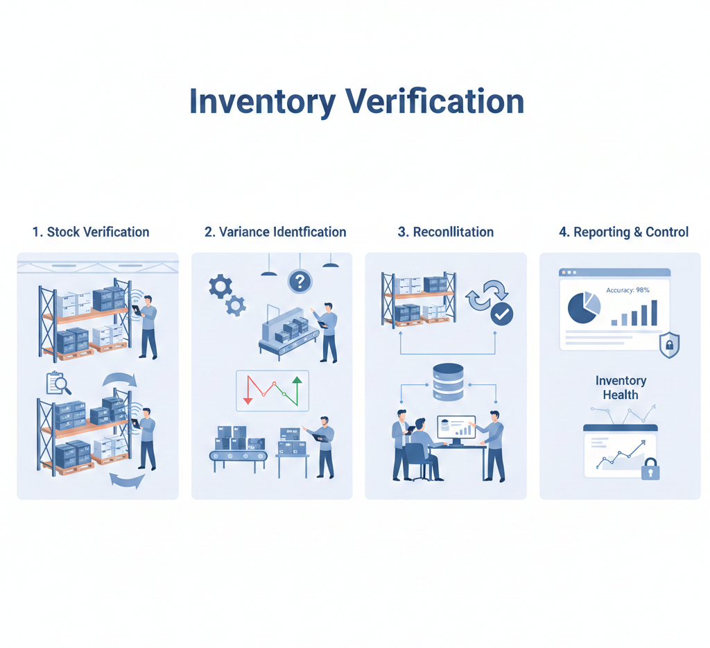 Inventory verification process showing physical stock counting, variance identification, reconciliation, and digital inventory solutions