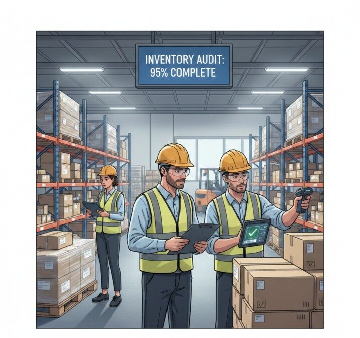 Auditor observing physical stock verification during stock counting on a warehouse floor