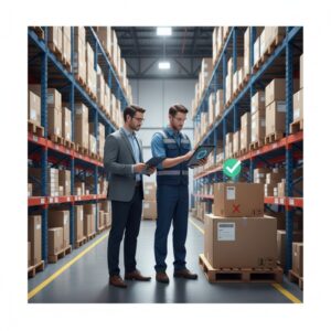 Physical verification of inventory conducted during a financial audit in a warehouse