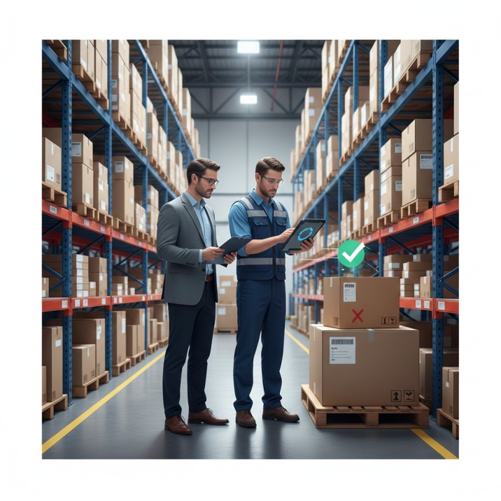 Physical verification of inventory conducted during a financial audit in a warehouse